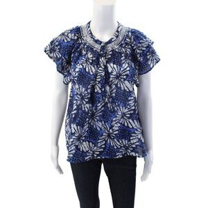 Xirena Womens Cotton Printed Henley Neck Cap Sleeve Blouse Top Blue Size M